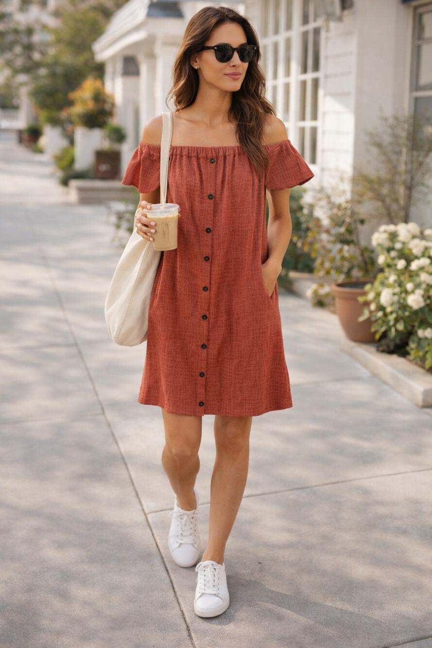 Madewell Off Shoulder Dress Rust Button Front Summer Preppy XXS